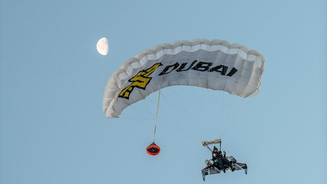 He parachuted back to Earth when the flight finished. Picture: EXPO 2020/AFP