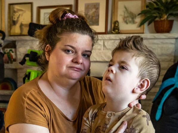 Katie Fattel with son Cassian,4, who is severely disabled and requires access to life saving support equipment.  They are being forced out of their Woodville home and will be homeless unless they receive a housing trust home.Picture: Tom Huntley