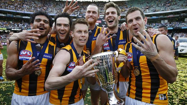 AFL Grand Final 2015 Four Premierships for Hawthorn Cyril Rioli Jordan Lewis Sam Mitchell Jarryd Roughead Grant Birchill & Luke Hodge Picture:Wayne Ludbey