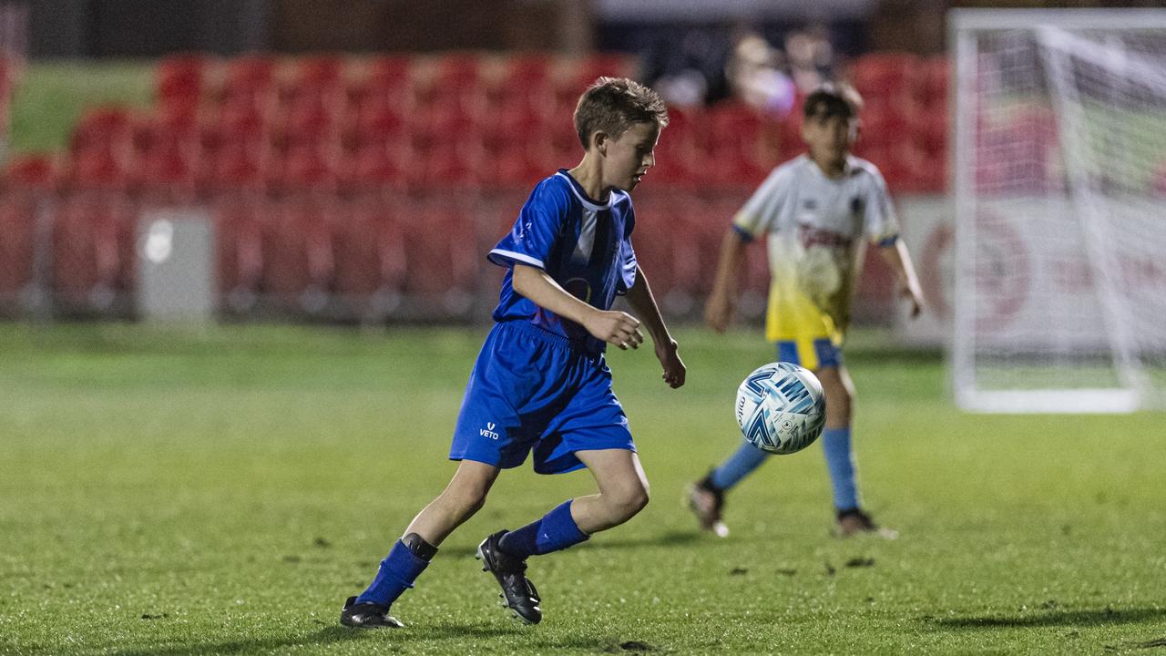 Stanley Croker of Rockville Rovers White against USQ FC in Football Queensland Darling Downs Community Juniors U13 Div 1 Maroon grand final at Clive Berghofer Stadium, Friday, August 30, 2024. Picture: Kevin Farmer