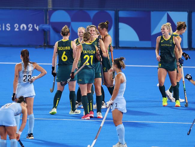 The Hockeyroos celebrate the equalling goal against Argentina after so many missed chances. Picture: Alex Pantling/Getty Images