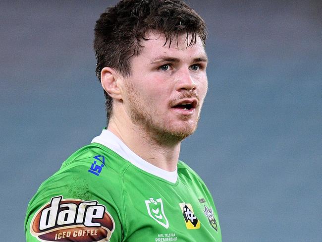 John Bateman of the Raiders looks on after scoring a try during the Round 12 NRL match between the Canterbury Bankstown Bulldogs and the Canberra Raiders at ANZ Stadium in Sydney, Saturday, June 1, 2019. (AAP Image/Dan Himbrechts) NO ARCHIVING, EDITORIAL USE ONLY