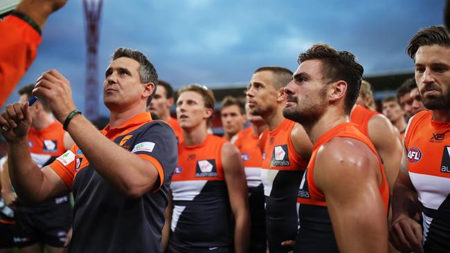 Leon Cameron speaks to his players. Picture: Phil Hillyard