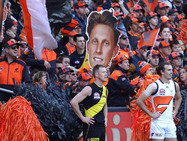 RichmondÕs Jack Riewoldt and Giants Phil Davis during the AFL Grand Final between the GWS Giants and Richmond Tigers at the MCG on September 28, 2019 in Melbourne. Picture. Phil Hillyard