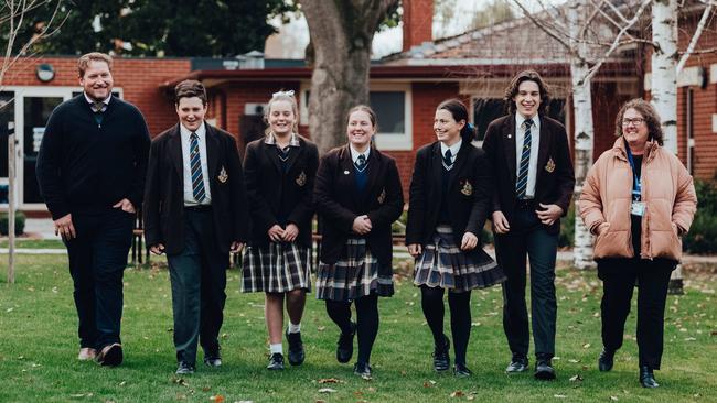 Ballarat Grammar boarding house staff Luke Pougnault and Meredith Rayner with students Robert Read, Sophie Read, Poppy Jenkins, Lily Jenkins and Oliver Wischer. Picture: Chloe Smith.