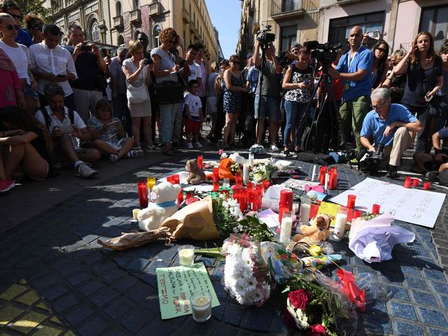 A makeshift shrine on Las Ramblas for the victims. Picture: AFP