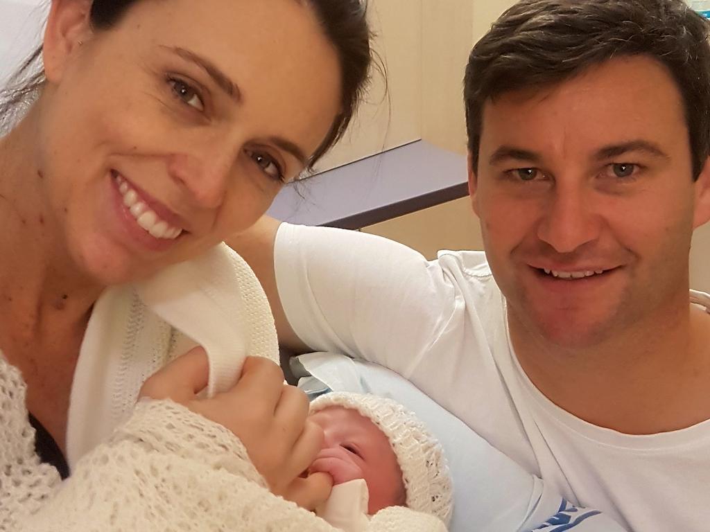 New Zealand Prime Minister Jacinda Ardern and partner Clarke Gayford pose for a photo with their new baby girl on June 21, 2018 in Auckland. Picture: Office of the Prime Minister of New Zealand