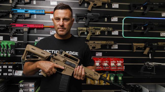 Gel Blaster Association of Australia president Peter Clark in Yatala, Queensland, at one of his stores. Picture: Glenn Hunt