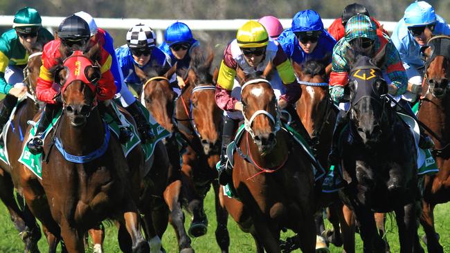 Loving home ridden by Tye Angland  (yellow cap, maroon with yellow armbands) wins race 1 during Scone  Races located in the Upper Hunter Region of NSW. The Bend . Pic Jenny Evans