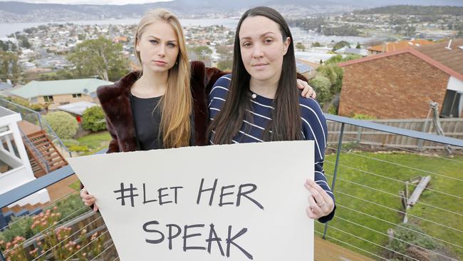 Journalist and #LetHerSpeak campaigner Nina Funnell, right, helped Tasmanian Grace Tame, left, win the right to speak publicly about suviving sexual assault. Picture: Patrick Gee