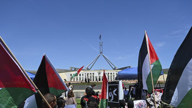 The sanctions come as pressure mounts on the government to call for a ceasefire. Pro-Palestine protesters took to Parliament House this week. Picture: NCA NewsWire / Martin Ollman