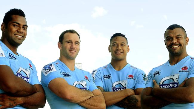 members of the Waratahs Back line L to R: Taqele Naiyaravoro, Matt Carraro, Israel Folau and Kurtley Beale, ahead of their game against the Brumbies. Picture: John Appleyard