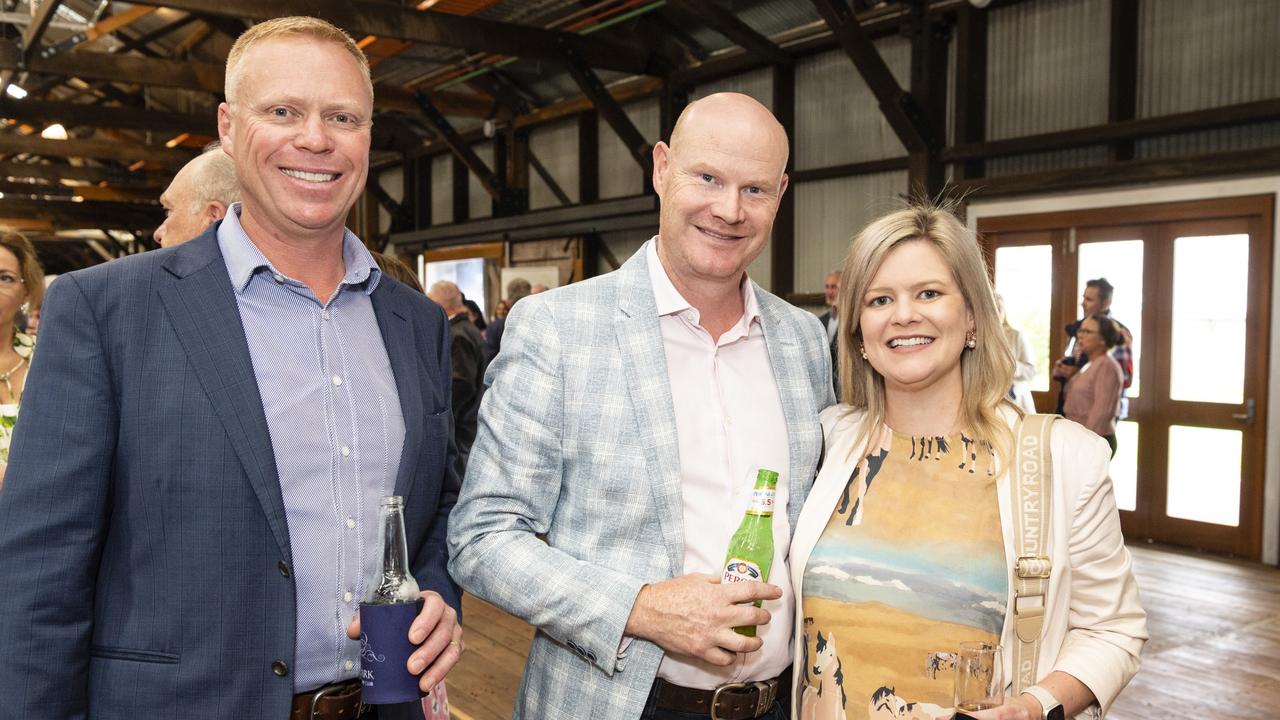 Jason Ward (left) with Bryan and Peta Gray at the slot holder draw luncheon for Mort and Co King of the Mountain at The Goods Shed, Friday, October 7, 2022. Picture: Kevin Farmer