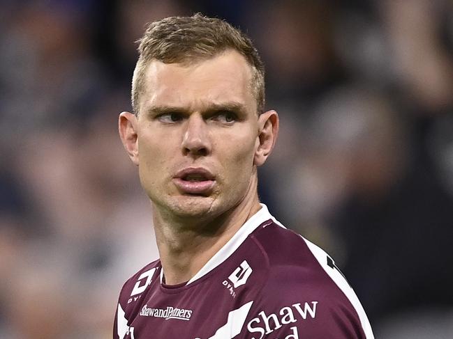 TOWNSVILLE, AUSTRALIA - JULY 06: Tom Trbojevic of the Sea Eagles warms up before the start the round 18 NRL match between North Queensland Cowboys and Manly Sea Eagles at Qld Country Bank Stadium, on July 06, 2024, in Townsville, Australia. (Photo by Ian Hitchcock/Getty Images)