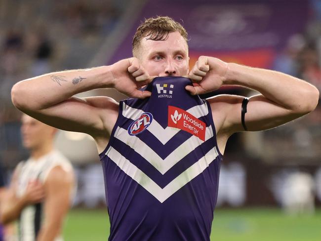 PERTH, AUSTRALIA - MAY 08 Josh Treacy of the Dockers reacts to the loss during the 2025 AFL Round 09 match between the Fremantle Dockers and the Collingwood Magpies at Optus Stadium on May 8, 2025 in Perth, Australia. (Photo by Janelle St Pierre/AFL Photos via Getty Images)