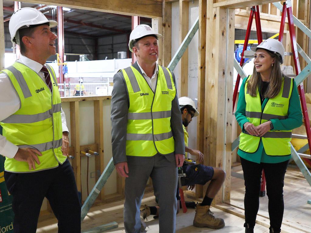 Premier Steven Miles flanked by Treasurer Cameron Dick and Housing Minister Meaghan Scanlon. Picture: Tertius Pickard/NCA NewsWire