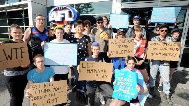 Protesters demonstrate outside AFL House at Docklands after the recent AFLW decision to not allow transgender players in the draft. Picture: Andrew Henshaw