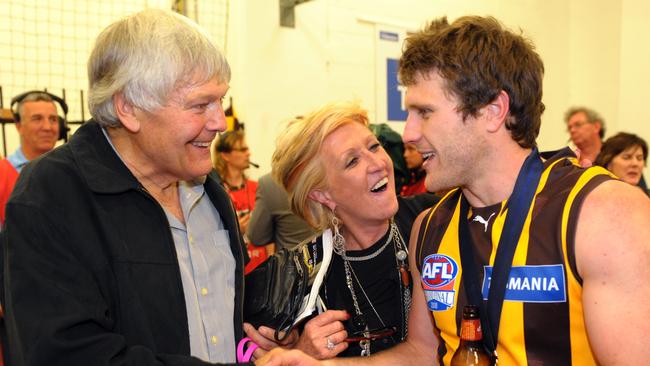 2008 Grand Final. Geelong v Hawthorn. MCG. Campbell Brown is congratulated by his father, Mal and mother.