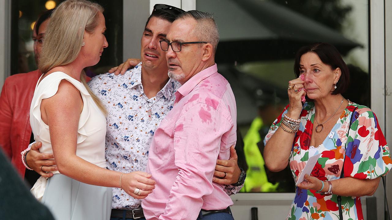 United in their grief, Hannah Clarke’s (left to right) sister-in-law Stacey, brother Nat, and parents Lloyd and Suzanne. Picture: Lyndon Mechielsen.