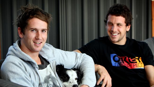 Former Port Adelaide footballer Cameron O'Shea, left, in 2011, during his time as a housemate of Travis Boak. 