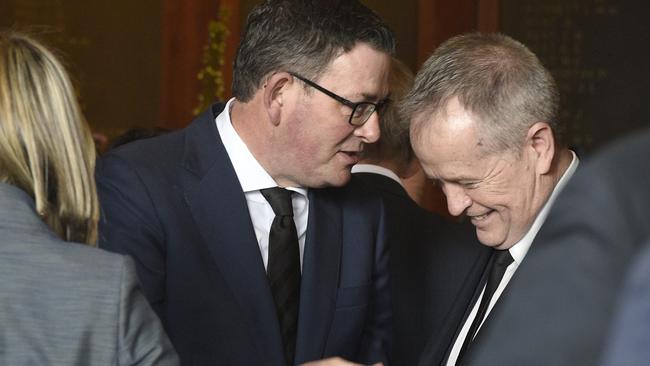 Victorian Premier Daniel Andrews and Bill Shorten, Federal Parliamentary Secretary for Disabilities and Children's Services, at the state memorial service. Picture: Andrew Henshaw