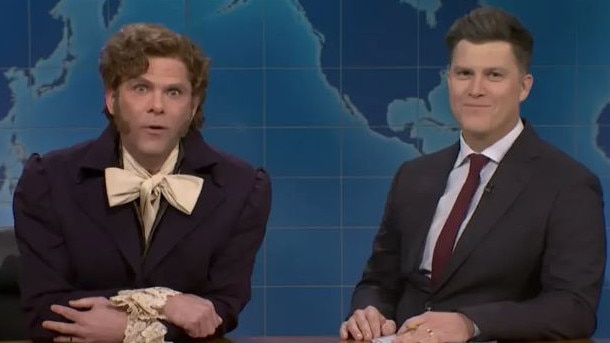 Mikey Day (left) hilariously shaded SNL castmate Colin Jost for making less money than his wife Scarlett Johansson. Picture: NBC