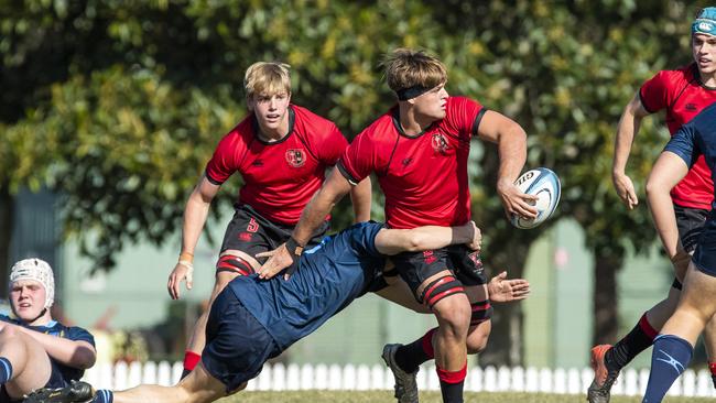 Angus Munn looks to pass in the GPS 1st XV Rugby game between Brisbane Grammar and Gregory Terrac- Picture: Richard Walker