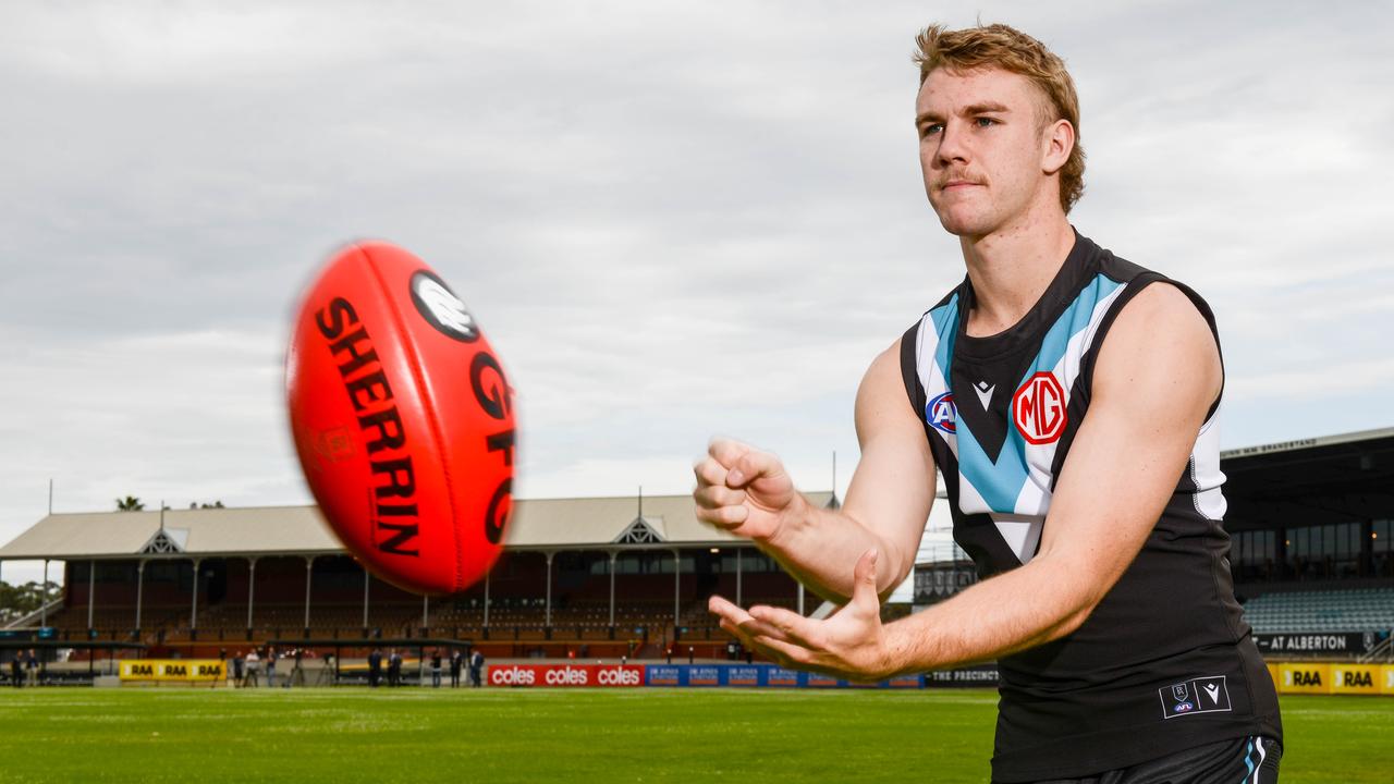 Port Adelaide recruit Jason Horne-Francis at his new home at Alberton. Picture: Brenton Edwards