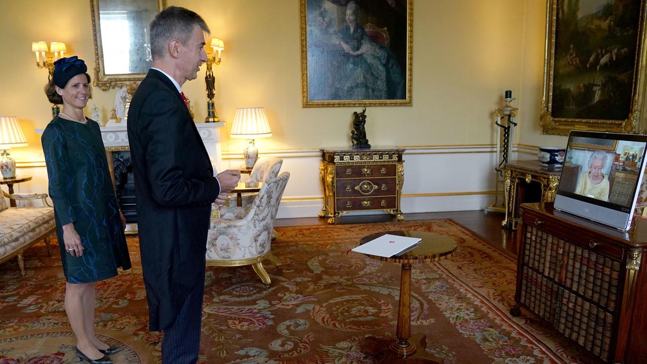 The Queen appears on a screen via videolink from Windsor Castle, during a virtual audience to receive Switzerland’s Ambassador to the UK on Tuesday. Picture: Victoria Jones/AFP