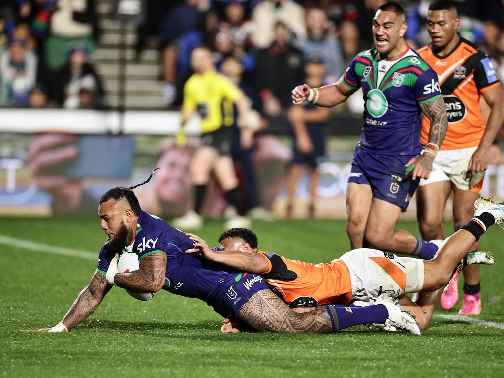 Addin Fonua-Blake terrorised the Tigers, with 200 run metres, eight tackle busts and a crucial late try to secure victory. Picture: Getty Images