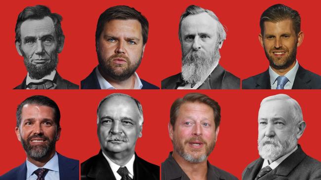 Clockwise from top left: Abraham Lincoln, J.D. Vance, Rutherford B. Hayes, Eric Trump, Donald Trump Jr., Charles Curtis, Al Gore, Benjamin Harrison.