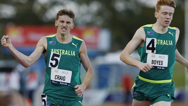 Oceania Athletics Championships at HFC Bank Stadium, Suva. Peyton Craig celebrates after beating countryman Lukes Boyes in the 800m. Pic: Michael Klein