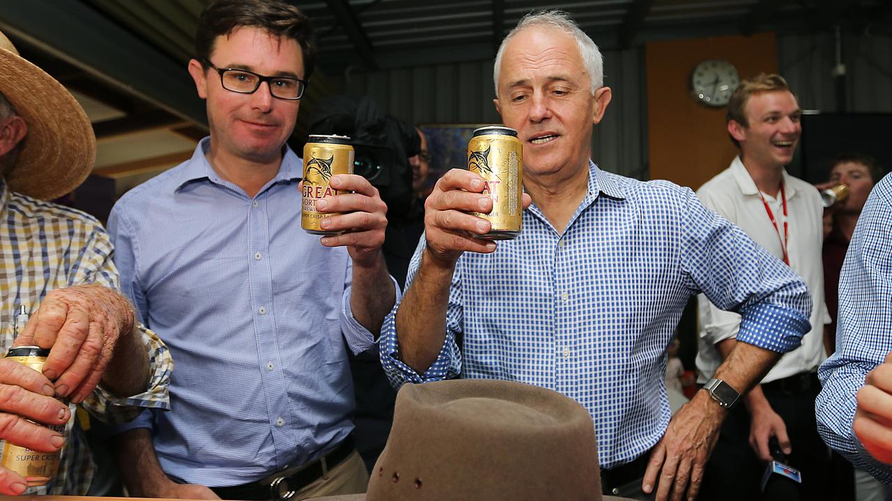 David Littleproud (pictured with former PM Malcolm Turnbull) faced backlash last year from senior Liberals after floating the prospect of a beer tax relief. Pictures: Jack Tran