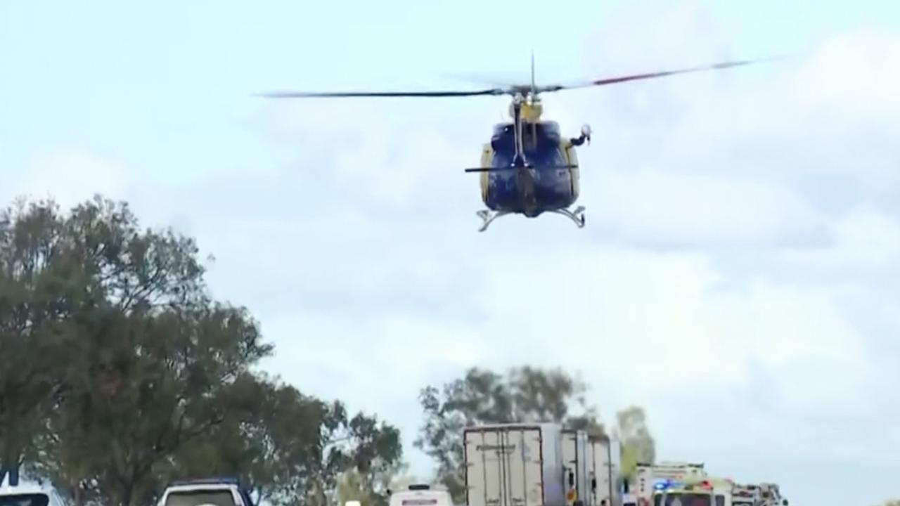 An emergency helicopter takes off from the Bruce Highway after the horror Greyhound bus crash. Photo: 7News.