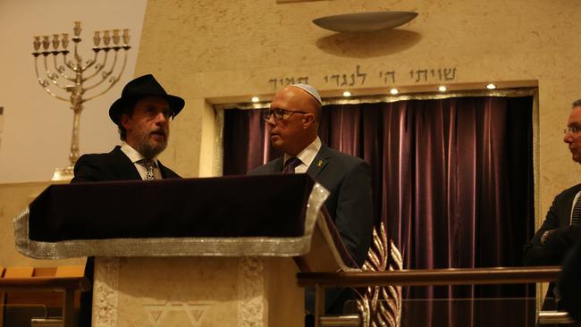 Opposition Leader Peter Dutton attends the Central Synagogue in Bondi Junction, where he is greeted by Rabbi Levi Wolff. Picture: Britta Campion/The Australian