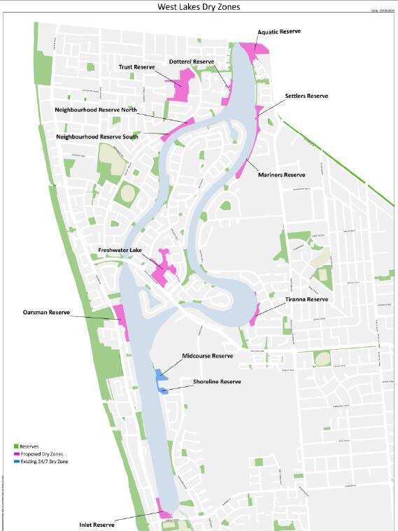 Charles Sturt Council will seek to establish dry zones around 10 waterfront reserves at West Lakes.