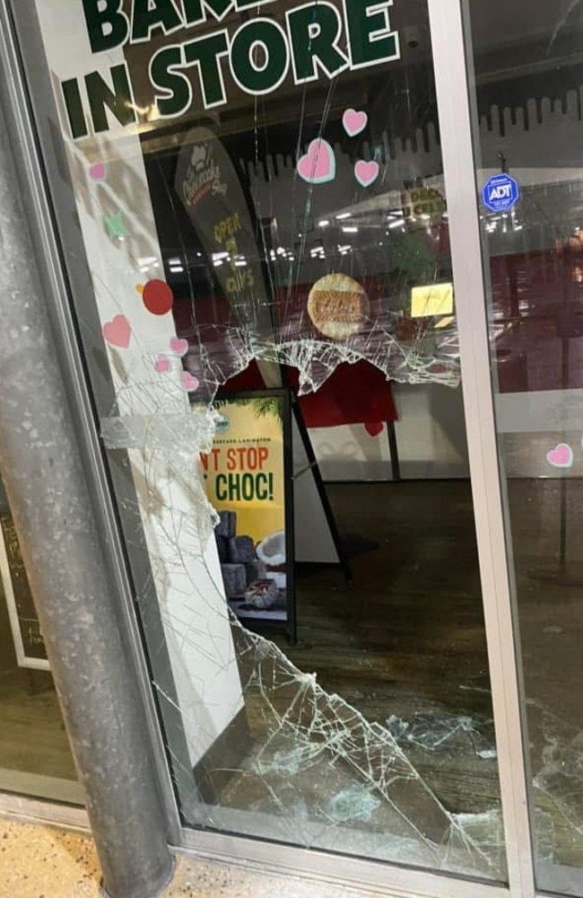 The smashed window at the Victoria Point Shopping Centre. Picture: Contributed