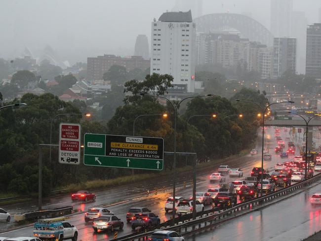 A view from North Sydney of traffic approaching the Sydney Harbour Bridge in peak hour traffic as the heavy rain and floods continue to pound NSW. Picture NCA Newswire/ Gaye Gerard