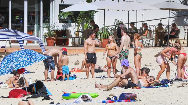 Crowds continued to flock to Gold Coast beaches, including Burleigh Heads, at the weekend. Picture: Nigel Hallett