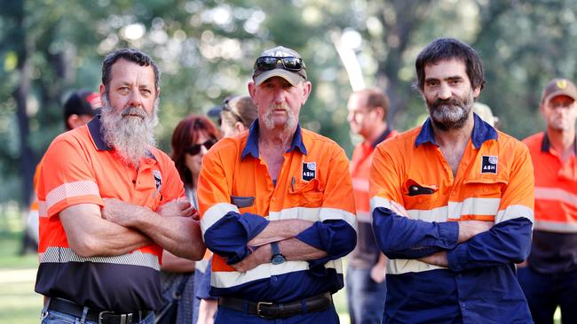 Heyfield Timber Mill workers Ross Britton, Graeme Ralph, Darren Bellion. Picture: Chloe Smith.