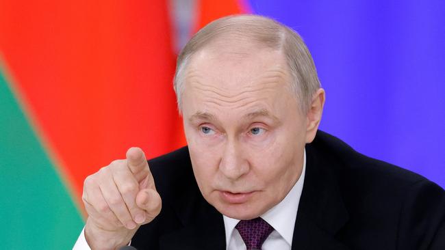 Russia’s President Vladimir Putin speaks during a press conference following a meeting with his Belarusian counterpart at the Kremlin in Moscow on Thursday. Picture: AFP