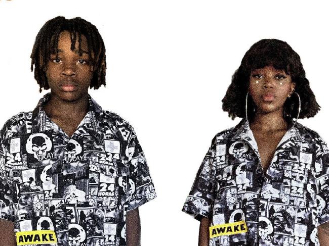 Adelaide rapper Tkay Maidza and younger brother Vongai modelling new items from her clothing label Last Year Was Weird. Pics: Supplied.