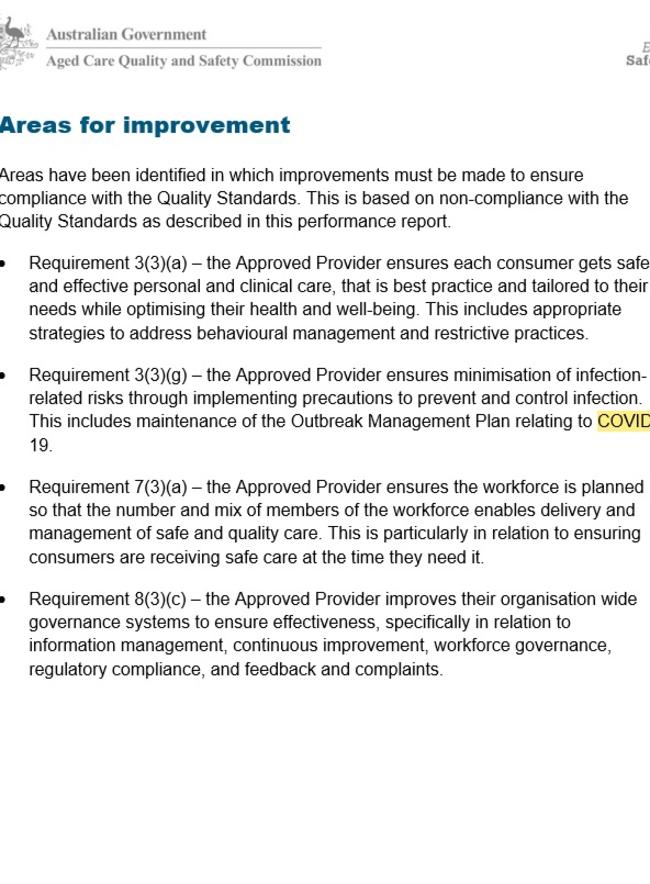 An excerpt from the federal government's Aged Care Quality and Safety Commission report into Jeta Gardens tabled in November.