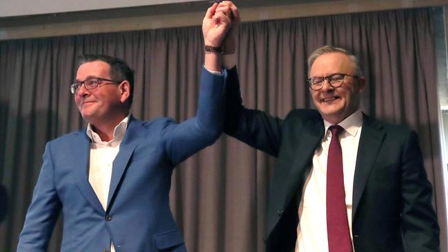 Daniel Andrews and Anthony Albanese at the Victorian Labor Party conference. Picture: David Crosling