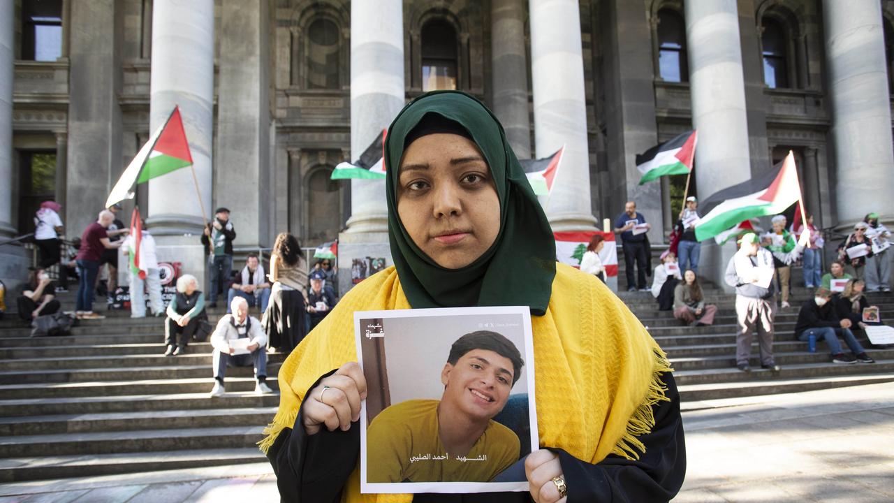 Habibah Jaghoori outside Parliament House for Monday night’s pro-Palestinian vigil. Picture: Brett Hartwig