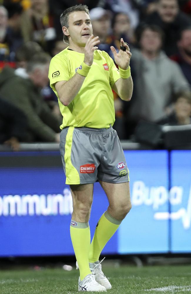 The umpire calls for the score review after the Josh Jenkins goal. Picture SARAH REED