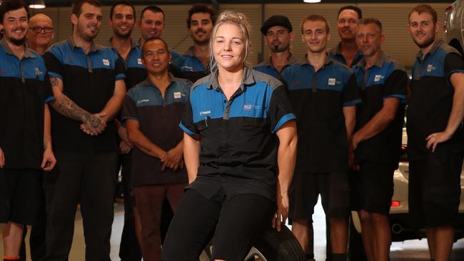 Jenifer Woods has become Australia’s first female Mazda master technician, much to the delight of her South Coast Mazda workmates. Photo: Scott Fletcher