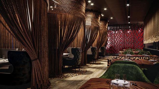 The Meat & Wine Co’s Adelaide restaurant will feature four semi-private dining spaces inspired by the African “boma”. Supplied by The Meat & Wine Co