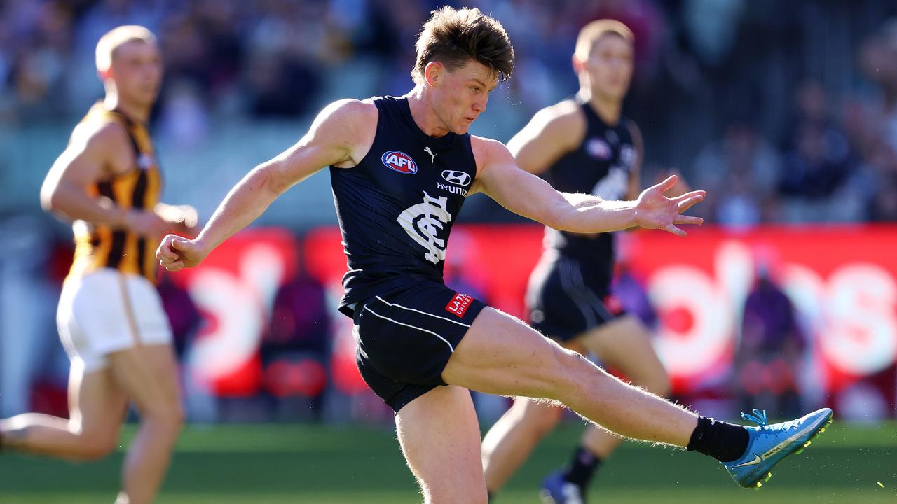 Sam Walsh charges out of the middle and goals during the second quarter. Picture: Michael Klein