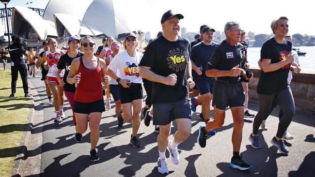 PM Anthony Albanese joined ultra-marathon runner Pat Farmer in Sydney for some of his 14,000km run around Australia in favour of the Voice. Picture: NCA NewsWire/Sam Ruttyn